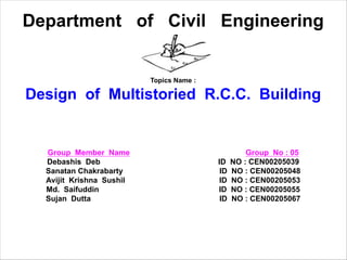 Department of Civil Engineering
Topics Name :
Design of Multistoried R.C.C. Building
Group Member Name Group No : 05
Debashis Deb ID NO : CEN00205039
Sanatan Chakrabarty ID NO : CEN00205048
Avijit Krishna Sushil ID NO : CEN00205053
Md. Saifuddin ID NO : CEN00205055
Sujan Dutta ID NO : CEN00205067
 
