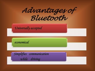 Advantages of
       Bluetooth
Universally accepted


economical


Simplifies communication
    while driving
 