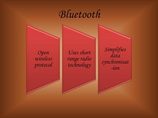 Bluetooth

                           Simplifies
 Open       Uses short
                              data
wireless    range radio
                          synchronisat
protocol    technology
                              -ion
 