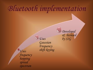Bluetooth implementation

                              Developed
                              & licensed
               Uses           by SIG
               Gaussian
               Frequency
   Uses        shift keying
   frequency
   hopping
   spread
   spectrum
 