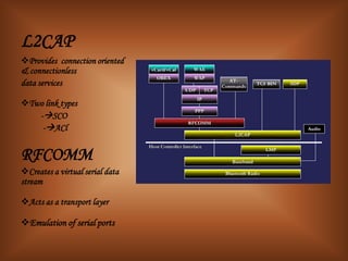 L2CAP
Provides connection oriented
& connectionless
data services

Two link types
   -SCO
    -ACl


RFCOMM
Creates a virtual serial data
stream

Acts as a transport layer

Emulation of serial ports
 