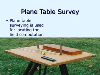 Plane Table Survey
• Plane table
  surveying is used
  for locating the
  field computation
  of area of field
 
