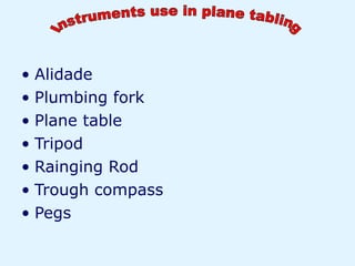 • Alidade
• Plumbing fork
• Plane table
• Tripod
• Rainging Rod
• Trough compass
• Pegs
 