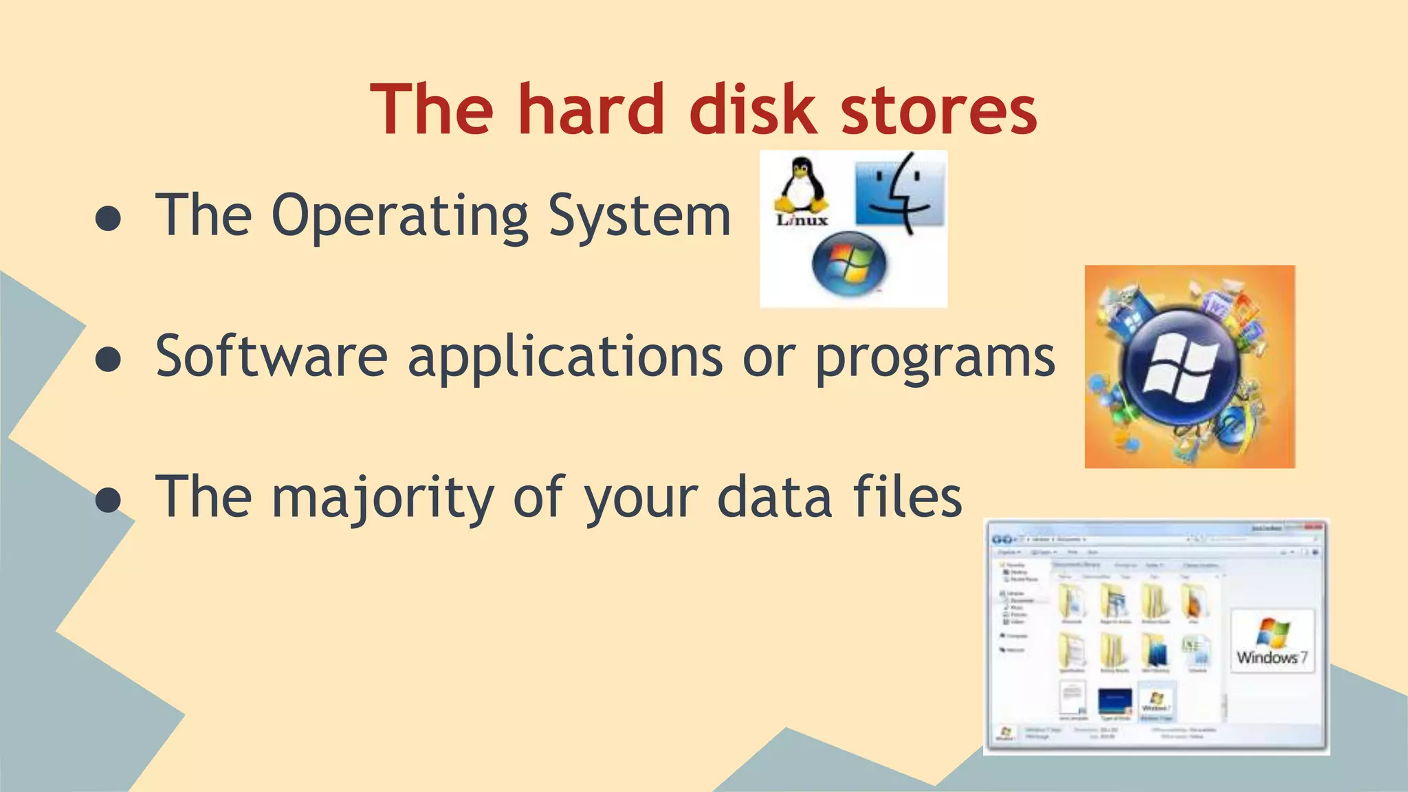 The hard disk stores
● The Operating System
● Software applications or programs
● The majority of your data files
 