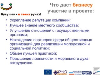 Что даст бизнесу
участие в проекте:
• Укрепление репутации компании;
• Лучшее знание местного сообщества;
• Улучшение отношений с государственными
органами;
• Нахождение партнеров среди общественных
организаций для реализации молодежной и
социальной политики;
• Обмен лучшей практикой;
• Повышение лояльности и морального духа
сотрудников.
 