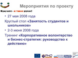 Мероприятия по проекту
• 27 мая 2008 года
Круглый стол «Занятость студентов и
школьников»
• 2-3 июня 2008 года
Тренинг «Корпоративное волонтерство
и бизнес-стратегия: руководство к
действию»
 