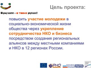 Цель проекта:
повысить участие молодежи в
социально-экономической жизни
общества через укрепление
сотрудничества НКО и бизнеса
посредством создания региональных
альянсов между местными компаниями
и НКО в 12 регионах России.
 