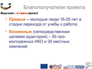 Благополучатели проекта
• Прямые – молодые люди 16-25 лет в
стадии перехода от учебы к работе;
• Косвенные (непосредственная
целевая аудитория) – 50 про-
молодежных НКО и 30 местных
компаний.
 