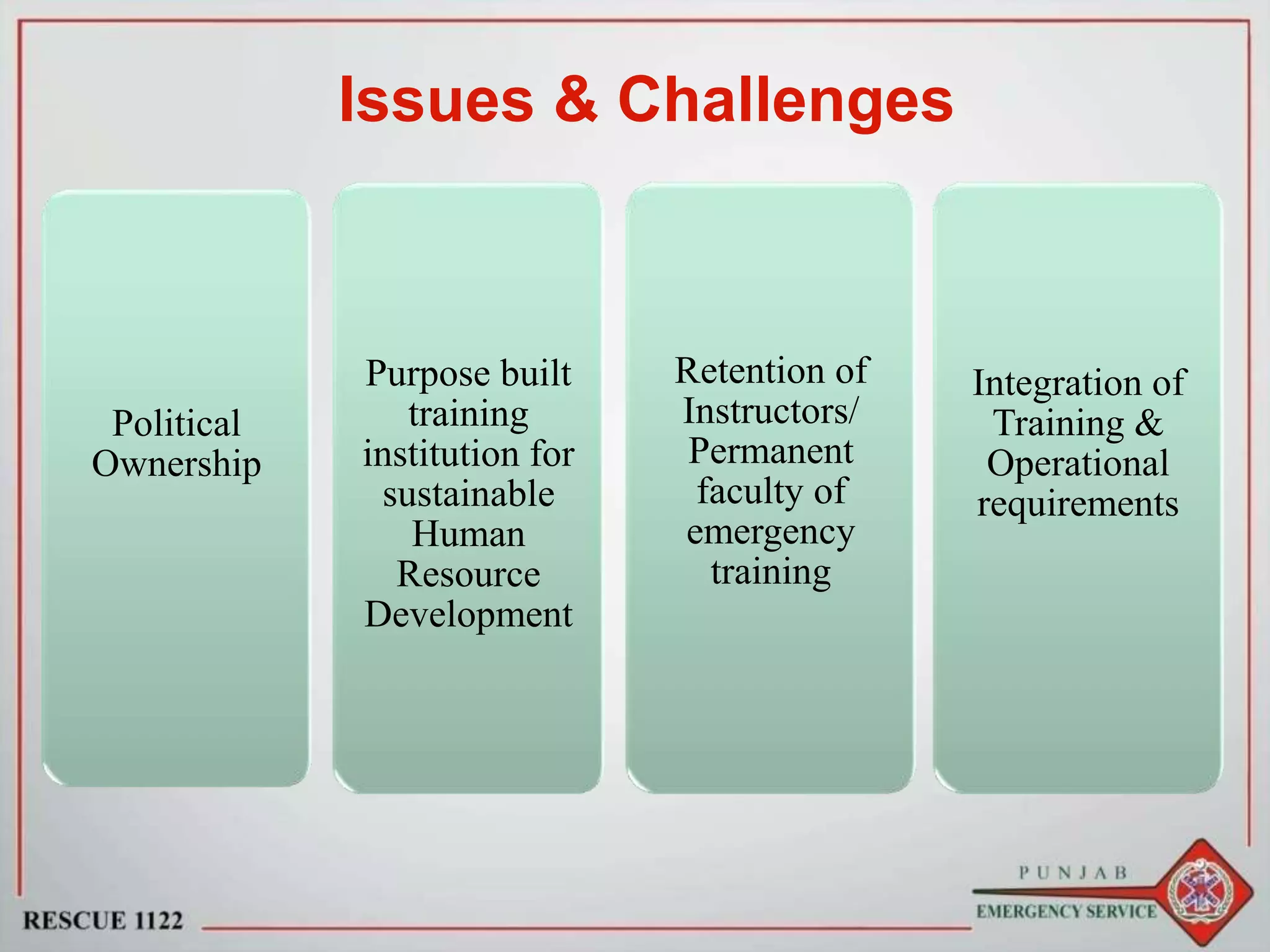 Issues & Challenges
Political
Ownership
Purpose built
training
institution for
sustainable
Human
Resource
Development
Retention of
Instructors/
Permanent
faculty of
emergency
training
Integration of
Training &
Operational
requirements
 