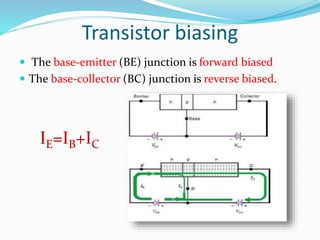 Transistor biasing
 The base-emitter (BE) junction is forward biased
 The base-collector (BC) junction is reverse biased.
IE=IB+IC
 