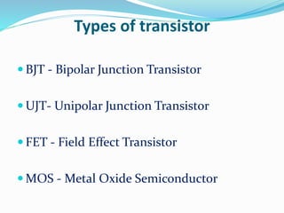 Types of transistor
 BJT - Bipolar Junction Transistor
 UJT- Unipolar Junction Transistor
 FET - Field Effect Transistor
 MOS - Metal Oxide Semiconductor
 