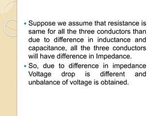  Suppose we assume that resistance is
same for all the three conductors than
due to difference in inductance and
capacitance, all the three conductors
will have difference in Impedance.
 So, due to difference in impedance
Voltage drop is different and
unbalance of voltage is obtained.
 