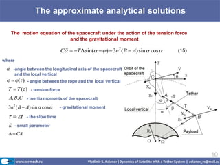 The approximate analytical solutions

     The motion equation of the spacecraft under the action of the tension force
                             and the gravitational moment

                               C  T  sin(   )  3n 2 ( B  A) sin  cos 
                                                                                 (15)

where

     -angle between the longitudinal axis of the spacecraft
       and the local vertical
    ( ) - angle between the rope and the local vertical
  T  T ( ) - tension force
  A, B, C - inertia moments of the spacecraft
  3n 2 ( B  A) sin  cos    - gravitational moment

    t    - the slow time

     - small parameter
    CA



                                                                                          10
 
