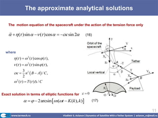 The approximate analytical solutions

    The motion equation of the spacecraft under the action of the tension force only

      ( )sin   ( ) cos    sin 2
                                                      (16)



  where
        ( )   2 ( ) cos  ( ),
        ( )   2 ( ) sin  ( ),
               3
         n 2  B  A / C ,
               2
        2 ( )  T ( ) / C


Exact solution in terms of elliptic functions for   0
                   2arcsin  sn(t  K (k ), k )      (17)

                                                                                       11
 