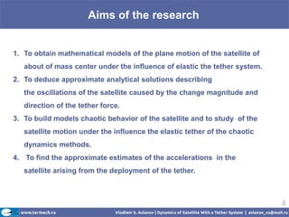Aims of the research


1. To obtain mathematical models of the plane motion of the satellite of
   about of mass center under the influence of elastic the tether system.
2. To deduce approximate analytical solutions describing
   the oscillations of the satellite caused by the change magnitude and
   direction of the tether force.
3. To build models chaotic behavior of the satellite and to study of the
   satellite motion under the influence the elastic tether of the chaotic
   dynamics methods.
4. To find the approximate estimates of the accelerations in the
   satellite arising from the deployment of the tether.



                                                                            4
 