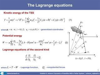 The Lagrange equations
   Kinetic energy of the TSS

      1             1 2        1
   T  m(r  r  )   mi i2  C0 (   )2  C1 (   )2 
          2  2 2
                                                                               (1)
      2             2 i0      2


where ρi  ri  r, i  0,1,2; q j   , , , l , r - generalized coordinates


 Potential energy
            2
              mi 3               m1l 2          c
 W      3  A  B  cos  
                            2
                                         cos 2   (l  l0 )2                   (2)
         i 0 ri 2r0              8r13            2

 Lagrange equations of the second kind

                              d L L
                                           Qj                                               D0 P, l  PD2
                              dt q j q j
                                  

where L    T W       - Lagrange function,        Qj   - nonpotential forces
                                                                                                                5
 