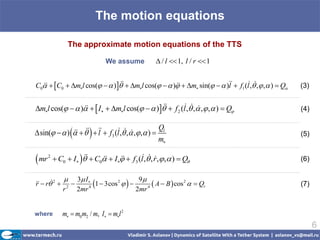 The motion equations

                The approximate motion equations of the TTS

                                We assume          / l  1, l / r  1


C0  C0  ml cos(   )  ml cos(   )  m sin(   )  f1 (l, , , )  Q
                                                              l                           (3)


ml cos(   )   I  ml cos(   )   f 2 (l, , , , )  Q
                                                                                           (4)


                 
                l                        Q
 sin(   )       f3 (l, , , , )  l
                                                m
                                                                                                 (5)


 mr   2
            C0  I   C0  I  f3 (l, , r , , )  Q
                                                                                         (6)

             3 I                      9
                    4 
r      
  r 2  2         1  3cos 2        4 
                                                A  B  cos 2   Qr                             (7)
           r    2mr                     2mr


where         m  m0 m2 / m, I  ml 2
                                                                                                       6
 