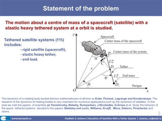 Statement of the problem

   The motion about a centre of mass of a spacecraft (satellite) with a
   elastic heavy tethere...