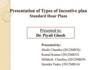 Presentation of Types of Incentive plan
Standard Hour Plans

Presented to:
Dr. Piyali Ghosh
Presented by:
Mudit Chandra (2012MB76)
Kamal Kumar (2012MB35)
Mithlesh Chaubey (2012MB29)
Jitendra Yadav (2012MB14)

 