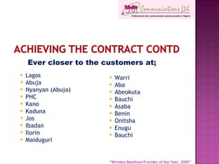 Lagos Abuja Nyanyan (Abuja) PHC Kano Kaduna Jos Ibadan Ilorin Maiduguri Warri Aba Abeokuta Bauchi Asaba Benin Onitsha Enugu Bauchi Ever closer to the customers at; “ Wireless Backhaul Provider of the Year; 2009” 