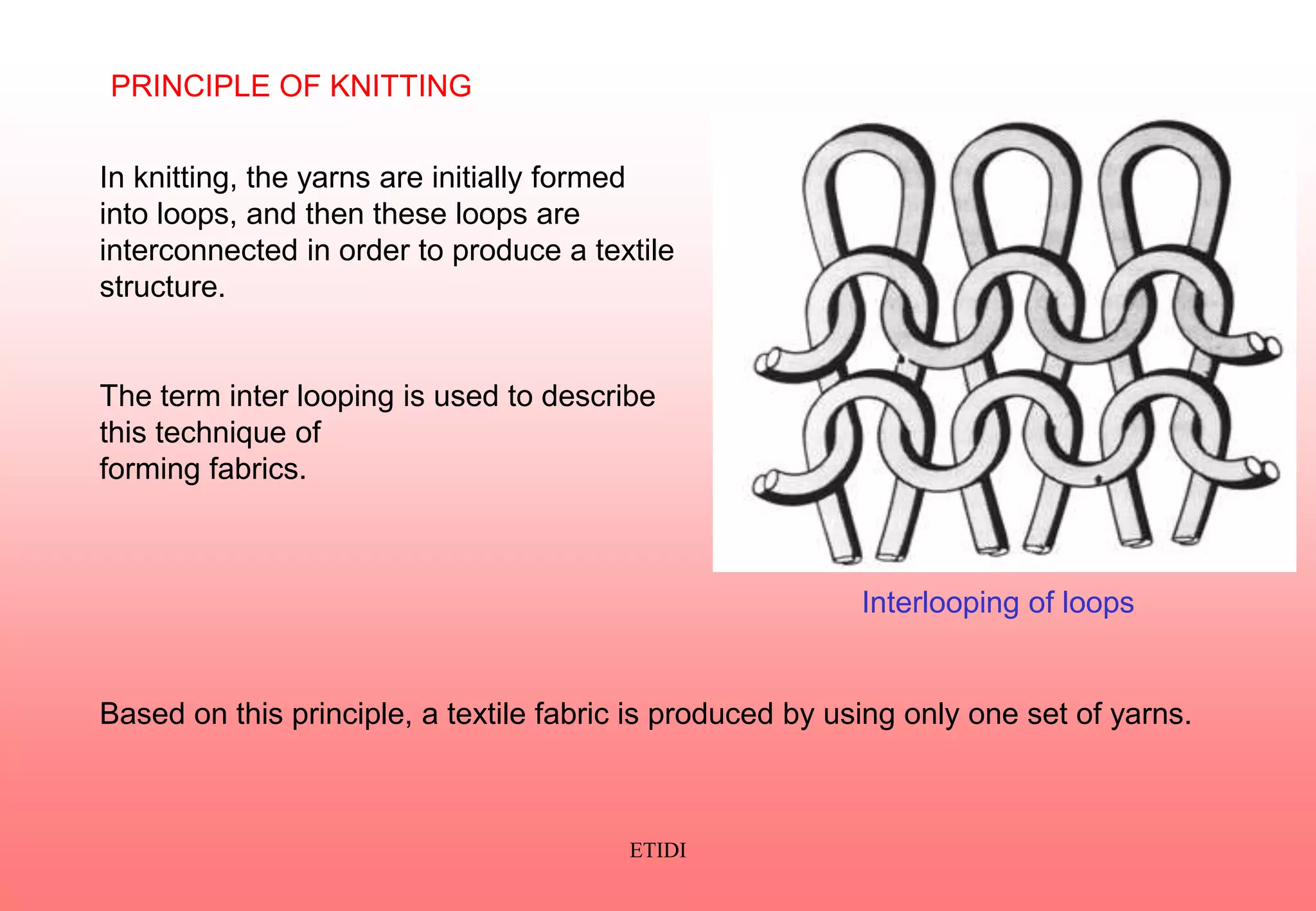 In knitting, the yarns are initially formed
into loops, and then these loops are
interconnected in order to produce a textile
structure.
The term inter looping is used to describe
this technique of
forming fabrics.
PRINCIPLE OF KNITTING
Based on this principle, a textile fabric is produced by using only one set of yarns.
Interlooping of loops
ETIDI
 