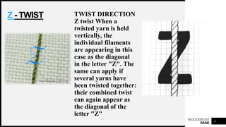 WOODGROVE
BANK
Z - TWIST TWIST DIRECTION
Z twist When a
twisted yarn is held
vertically, the
individual filaments
are appearing in this
case as the diagonal
in the letter "Z". The
same can apply if
several yarns have
been twisted together:
their combined twist
can again appear as
the diagonal of the
letter "Z"
6
 