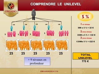 TOTAL
UNILEVEL
775 €
1 er niveau
2 eme niveau
3 eme niveau
+ 9 niveaux en
profondeur
+ 9 niveaux en
profondeur
5 %
100 100 100 100 100
25 25 25 25 25
5 5 5
5
 