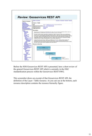 Before the SOS Geoservices REST API is presented, here a short review of
the general Geoservices REST API which is currently in the OGC
standardization process within the Geoservices REST SWG.


This screenshot shows an excerpt of that Geoservices REST API, the
definition of the Layer / Table resource. As you can see at the bottom, each
resource description contains the resource hierarchy figure.




                                                                               11
 
