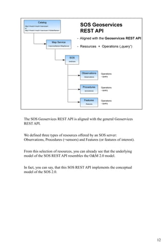 The SOS Geoservices REST API is aligned with the general Geoservices
REST API.


We defined three types of resources offered by an SOS server:
Observations, Procedures (=sensors) and Features (or features of interest).


From this selection of resources, you can already see that the underlying
model of the SOS REST API resembles the O&M 2.0 model.


In fact, you can say, that this SOS REST API implements the conceptual
model of the SOS 2.0.




                                                                              12
 