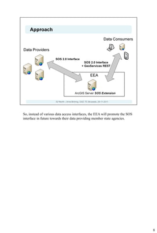 So, instead of various data access interfaces, the EEA will promote the SOS
interface in future towards their data providing member state agencies.




                                                                              8
 