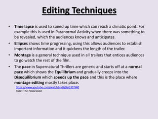 Editing Techniques 
• Time lapse is used to speed up time which can reach a climatic point. For 
example this is used in Paranormal Activity when there was something to 
be revealed, which the audiences knows and anticipates. 
• Ellipses shows time progressing, using this allows audiences to establish 
important information and it quickens the length of the trailer. 
• Montage is a general technique used in all trailers that entices audiences 
to go watch the rest of the film. 
• The pace in Supernatural Thrillers are generic and starts off at a normal 
pace which shows the Equilibrium and gradually creeps into the 
Disequilibrium which speeds up the pace and this is the place where 
montage editing mostly takes place. 
https://www.youtube.com/watch?v=0gBeG31fX40 
Pace: The Possession 
 