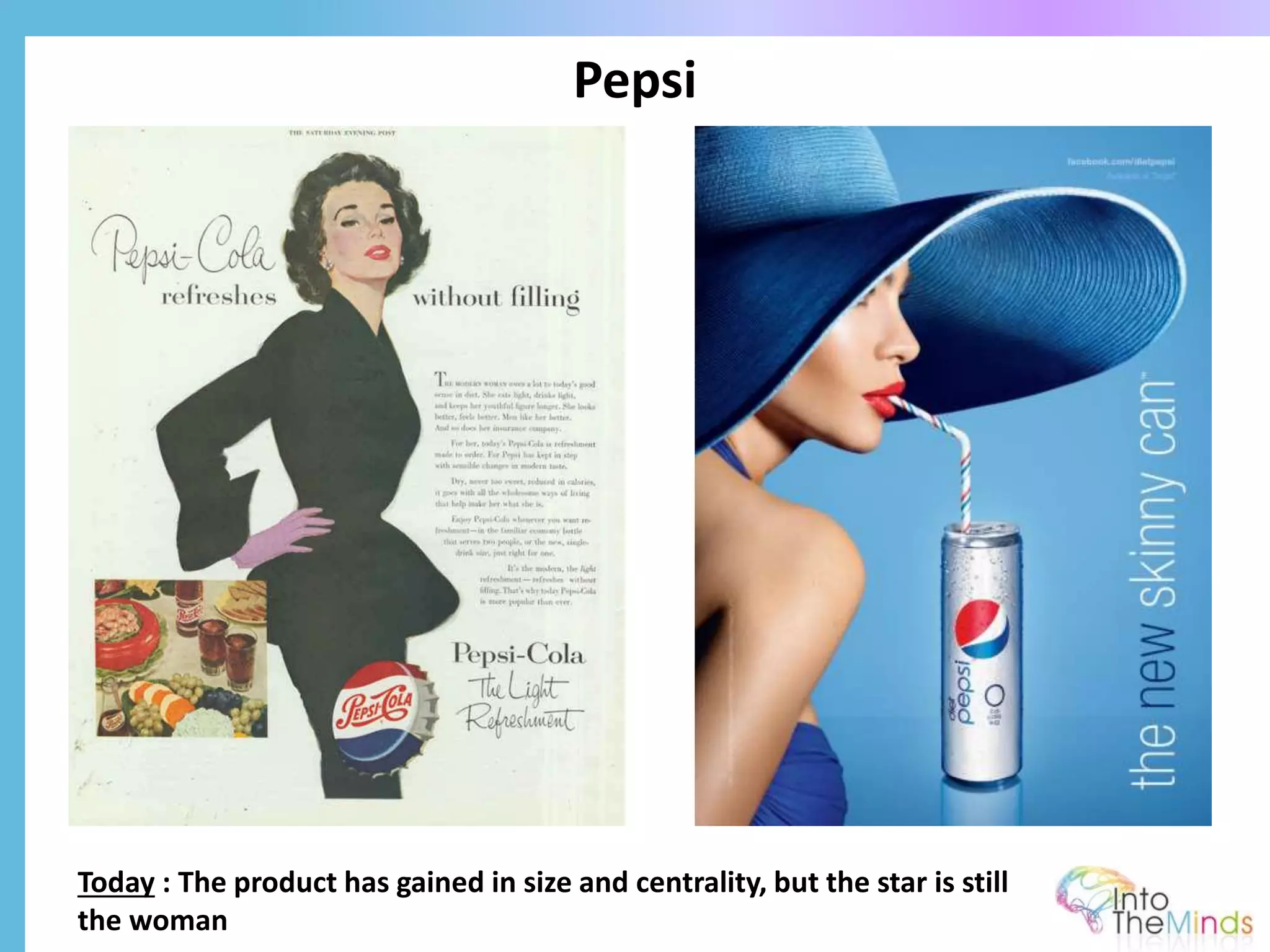 Pepsi
Today : The product has gained in size and centrality, but the star is still
the woman
 