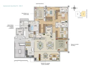 Janela Panorâmica

Apartamento tipo (final 01) - 189 m²

Suíte Master com
amplo closet

Banho Master:
- Hidromassagem
- 2 banhos
- 2 lavatórios

Sala com conceito
SKYWALL*

Varanda com conceito
SOCIAL GOURMET

 