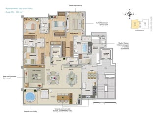 Janela Panorâmica

Apartamento tipo com hidro
(final 02) - 194 m²

Suíte Master com
amplo closet

Banho Master:
- Hidromassagem
- 2 banhos
- 2 lavatórios

Sala com conceito
SKYWALL*

Varanda com hidro

Varanda com conceito
SOCIAL GOURMET e hidro

 