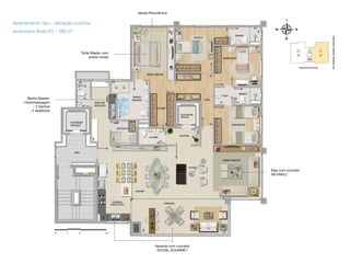 Janela Panorâmica

Apartamento tipo - Variação cozinha
americana (final 01) - 189 m²

Suíte Master com
amplo closet

Banho Master:
- Hidromassagem
- 2 banhos
- 2 lavatórios

Sala com conceito
SKYWALL*

AMERICANA

Varanda com conceito
SOCIAL GOURMET

 
