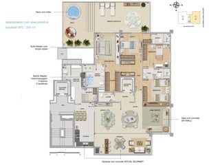Deck com hidro

Apartamento com área privativa
(unidade 401) - 245 m²

Suíte Master com
amplo closet

Banho Master:
- Hidromassagem
- 2 banhos
- 2 lavatórios

Sala com conceito
SKYWALL*

Varanda com conceito SOCIAL GOURMET

 
