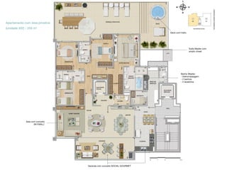 Apartamento com área privativa
(unidade 402) - 259 m²
Deck com hidro

Suíte Master com
amplo closet

Banho Master:
- Hidromassagem
- 2 banhos
- 2 lavatórios

Sala com conceito
SKYWALL*

Varanda com conceito SOCIAL GOURMET

 