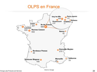 OLPS en France
Paris-Jasmin
137
Noiseau
Châtillon 19
77

Issy les Mlx
550

Caen

Ile de France

287

988

Lannion

655

Guyancourt
270

Rennes Cesson
Nancy

652

16

Grenoble Meylan

Bordeaux Pessac

275

40

Marseille

Toulouse Blagnac

26

195

Orange Labs Products and Services

Interne Orange

Valbonne

79

25

 