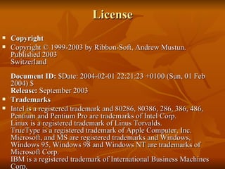 License Copyright Copyright © 1999-2003 by Ribbon-Soft, Andrew Mustun. Published 2003 Switzerland Document ID: $Date: 2004-02-01 22:21:23 +0100 (Sun, 01 Feb 2004) $ Release: September 2003 Trademarks Intel is a registered trademark and 80286, 80386, 286, 386, 486, Pentium and Pentium Pro are trademarks of Intel Corp. Linux is a registered trademark of Linus Torvalds. TrueType is a registered trademark of Apple Computer, Inc. Microsoft, and MS are registered trademarks and Windows, Windows 95, Windows 98 and Windows NT are trademarks of Microsoft Corp. IBM is a registered trademark of International Business Machines Corp. 