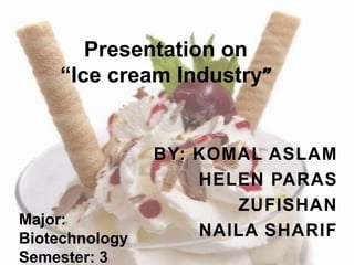 Presentation on
“Ice cream Industry”

Major:
Biotechnology
Semester: 3

BY: KOMAL ASLAM
HELEN PARAS
ZUFISHAN
NAILA SHARIF

 