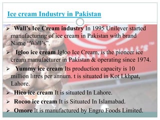 Ice cream Industry in Pakistan
Wall’s Ice Cream industry In 1995 Unilever started
manufacturing of ice cream in Pakistan with brand
Name “Wall’s”.
 Igloo ice cream Igloo Ice Cream, is the pioneer ice
cream manufacturer in Pakistan & operating since 1974.
 Yummy ice cream Its production capacity is 10
million litres per annum. t is situated in Kot Lkhpat,
Lahore.
 Hico ice cream It is situated In Lahore.
 Rocoo ice cream It is Situated In Islamabad.
 Omore It is manufactured by Engro Foods Limited.


 