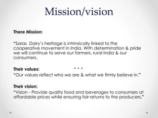 Mission/vision
There Mission:
“Saras Dairy’s heritage is intrinsically linked to the
cooperative movement in India. With determination & pride
we will continue to serve our farmers, rural India & our
consumers.
Their values:
“Our values reflect who we are & what we firmly believe in.”
Their vision:
“Vision - Provide quality food and beverages to consumers at
affordable prices while ensuring fair returns to the producers.”
 