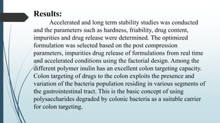 Results:
Accelerated and long term stability studies was conducted
and the parameters such as hardness, friability, drug content,
impurities and drug release were determined. The optimized
formulation was selected based on the post compression
parameters, impurities drug release of formulations from real time
and accelerated conditions using the factorial design. Among the
different polymer inulin has an excellent colon targeting capacity.
Colon targeting of drugs to the colon exploits the presence and
variation of the bacteria population residing in various segments of
the gastrointestinal tract. This is the basic concept of using
polysaccharides degraded by colonic bacteria as a suitable carrier
for colon targeting.
 