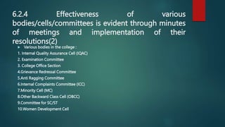 6.2.4 Effectiveness of various
bodies/cells/committees is evident through minutes
of meetings and implementation of their
resolutions(2)
 Various bodies in the college :
1. Internal Quality Assurance Cell (IQAC)
2. Examination Committee
3. College Office Section
4.Grievance Redressal Committee
5.Anti Ragging Committee
6.Internal Complaints Committee (ICC)
7.Minority Cell (MC)
8.Other Backward Class Cell (OBCC)
9.Committee for SC/ST
10.Women Development Cell
 