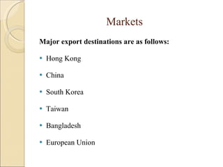 Markets   Major export destinations are as follows: Hong Kong China South Korea Taiwan Bangladesh European Union 