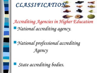 CLASSIFICATION
Accrediting Agencies in Higher Education
National accrediting agency.
National professional accrediting
Agency
 State accrediting bodies.
 