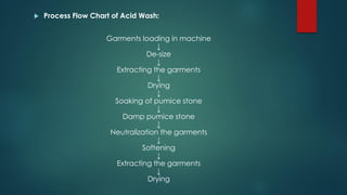  Process Flow Chart of Acid Wash:
Garments loading in machine
↓
De-size
↓
Extracting the garments
↓
Drying
↓
Soaking of pumice stone
↓
Damp pumice stone
↓
Neutralization the garments
↓
Softening
↓
Extracting the garments
↓
Drying
 