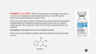 • INDIRECT ACTING: These are the substance that enhances the release
or action of an endogenous neurotransmitter but has no specific agonist
activity at the neurotransmitter receptor itself.
• They work at the nerve terminal to promote the release and block the reuptake
and degradation of endogenous neurotransmitter because they are indirect
acting agonists ,these drugs have little activity if these neurotransmitters are
depleted.
• EXAMPLE-EPHEDRINE,COCAINE,AMPHETAMINE
• USE- used to treat breathing problems (broncho dialator),nasal decongestant,
low bp.
11
CH3
OH
N
H CH3
Ephedrine
 