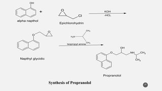 20
OH
+ O
Cl
KOH
-HCL
O
O
N
H2
CH3
CH3
Isopropyl amine
CH3
CH3
O NH
OH
Propranolol
Napthyl glycidic
alpha napthol
Epichlorohydrin
Synthesis of Propranolol
 