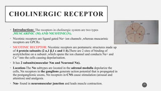 CHOLINERGIC RECEPTOR
• Introduction: The receptors in cholinergic system are two types
,MUSCARINIC (M) AND NICOTINIC(N).
• Nicotinic receptors are ligand gated Na+ ion channels ,whereas muscarinic
receptors are GPCRs.
• NICOTINIC RECEPTOR: Nicotinic receptors are pentameric structures made up
of 4 protein subunits (2 α,1 β,1 ε and 1 δ).There are 2 sites of binding of
acetylcholine on α subunit ,which opens the ion channel and conducts Na+ and
Ca+2 into the cells causing depolarisation.
• It has 2 subunits(muscular Nm and Neuronal Nn).
• Location-The Nn subtypes are located in the adrenal medulla depolarize the
cells, Nn receptors in the ganglions generate action potential that is propagated in
the postganglionic axons, Nn receptors in CNS cause stimulation (arousal and
attention) and analgesia.
• Nm- found in neuromuscular junction and leads muscle contraction. 25
 